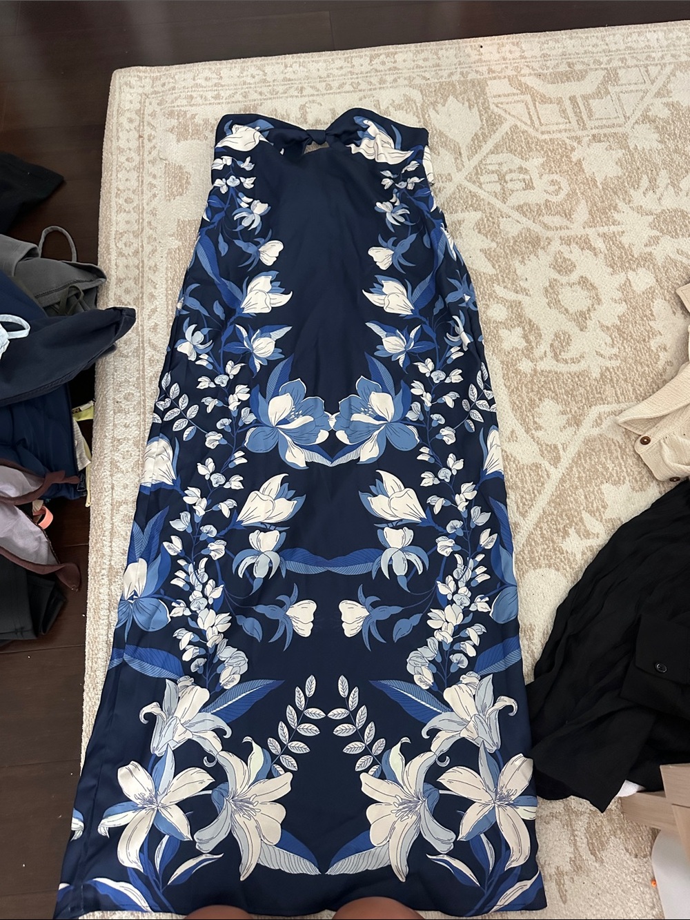 Strapless Navy Floral Summer Dress with Blue & White Flowers
